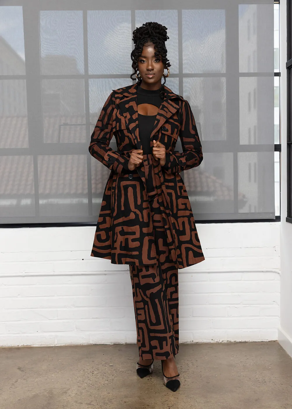 Adesina Women's African Print Utility Trench Coat (Espresso Geometric)