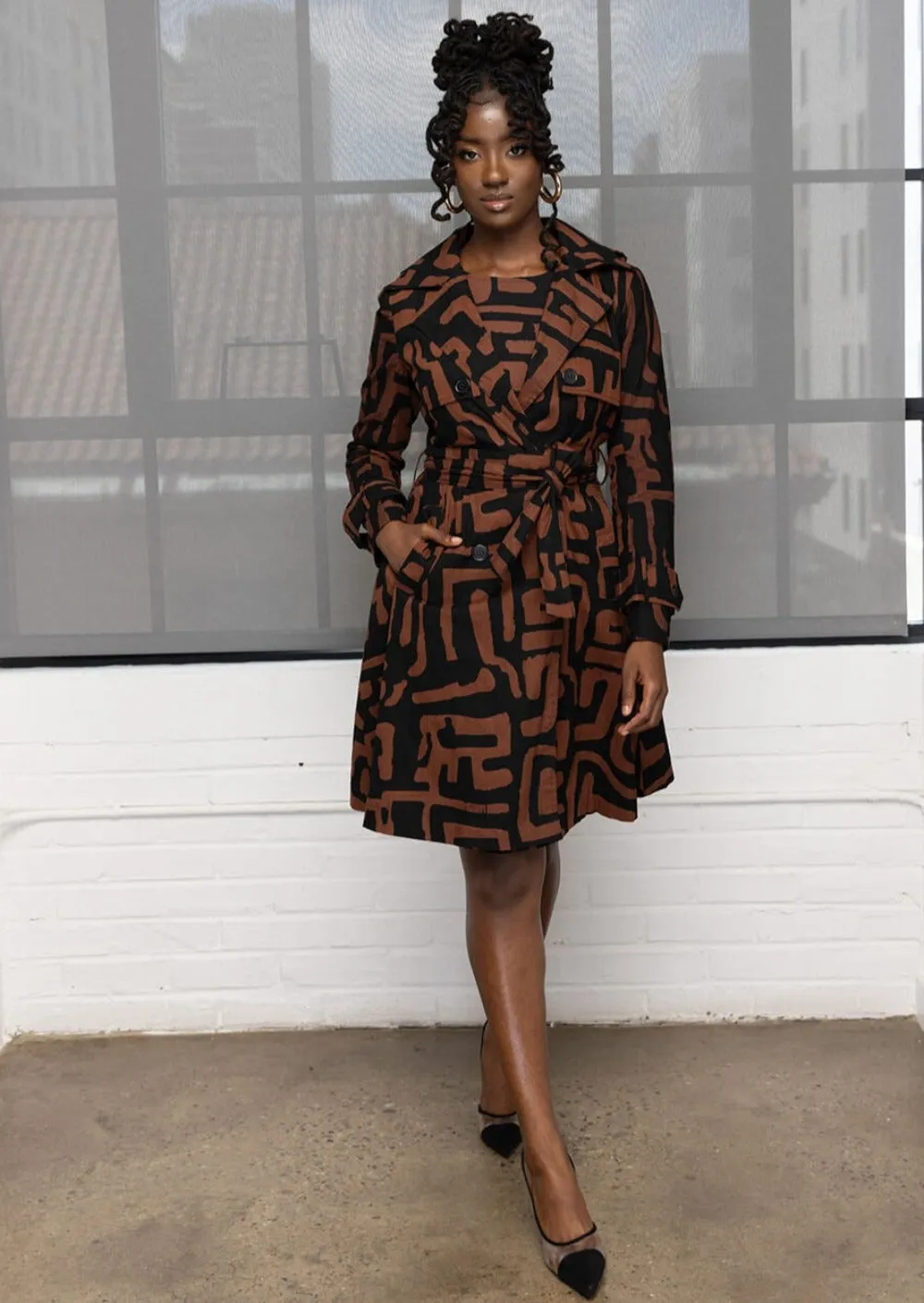 Adesina Women's African Print Utility Trench Coat (Espresso Geometric)