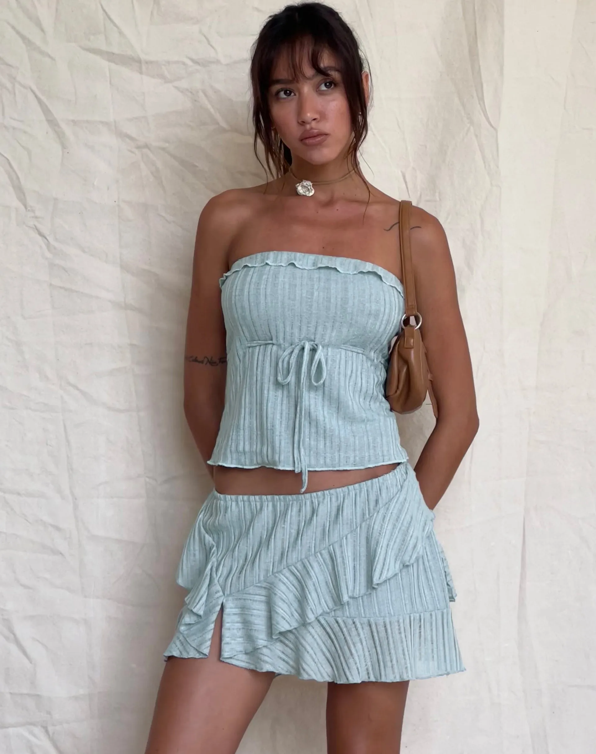 Ameera Ruffle Trim Bandeau Top in Powder Blue