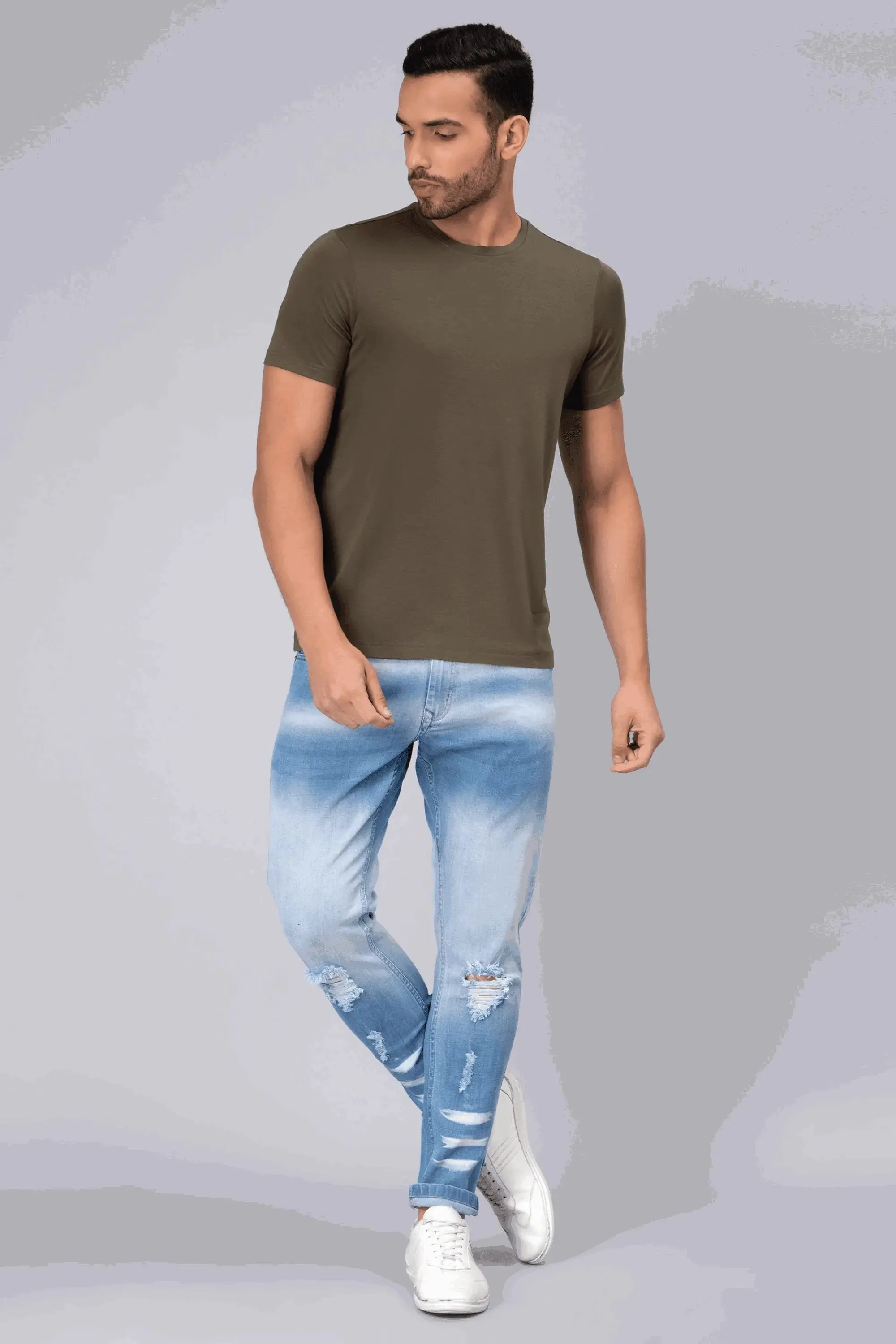 Ankle Fit Shade Blue Rough Look Premium Denim Jeans For men