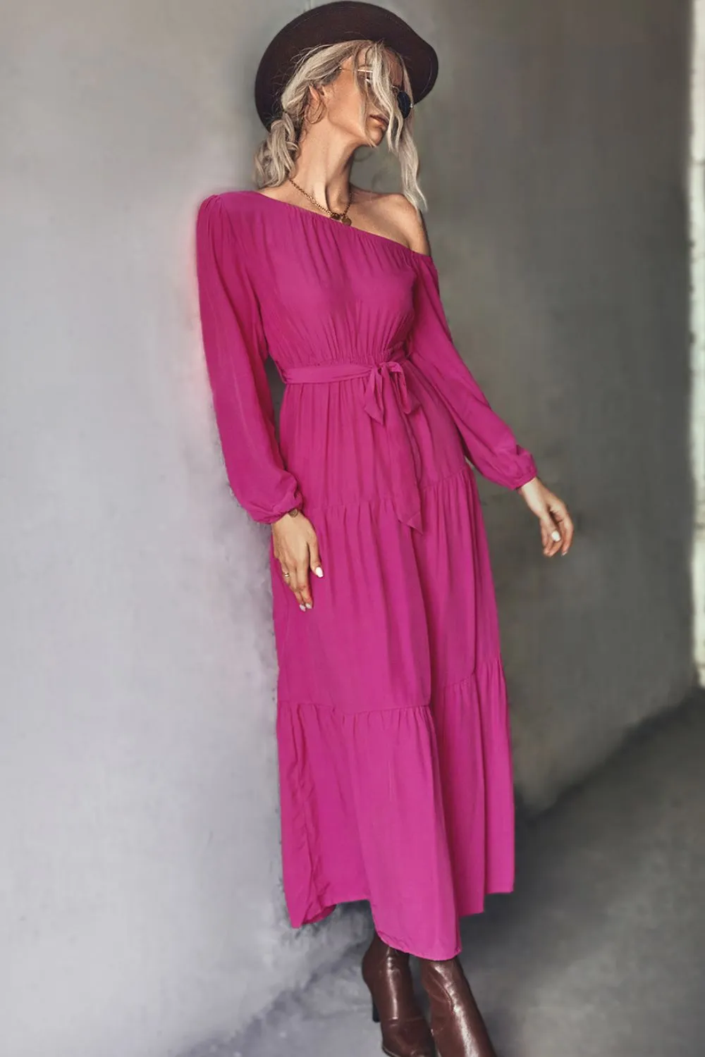 Belted One-Shoulder Tiered Maxi Dress