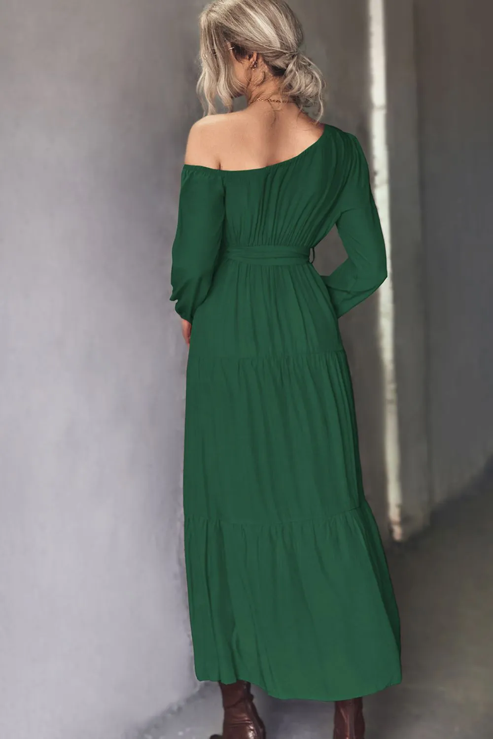 Belted One-Shoulder Tiered Maxi Dress