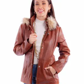 Brown Leather Jacket with Faux Fur Hood at Bourbon Cowgirl