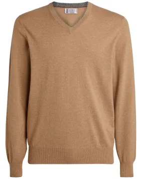 Camel V-Neck Cashmere Knit Sweater