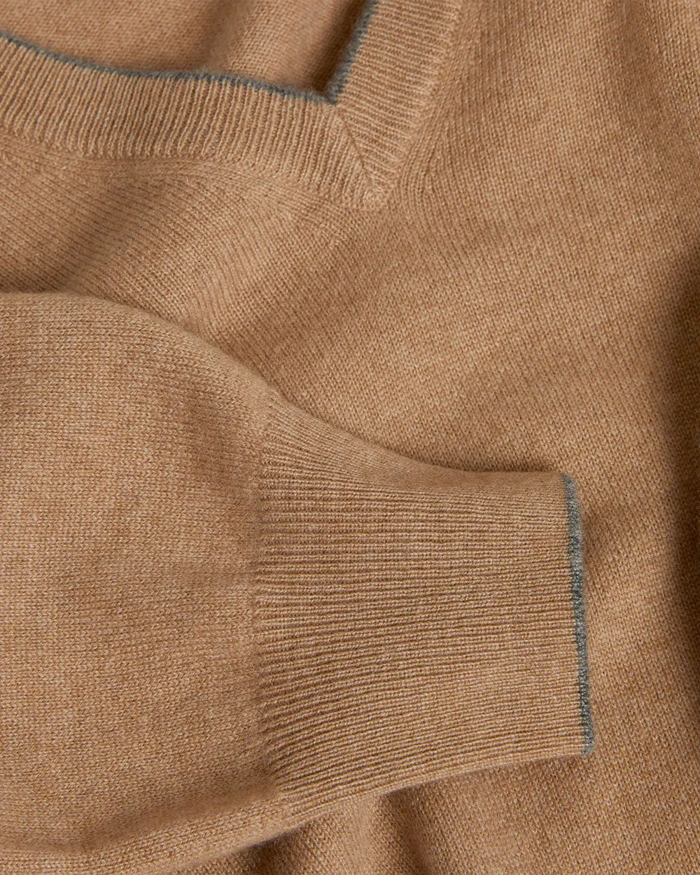 Camel V-Neck Cashmere Knit Sweater