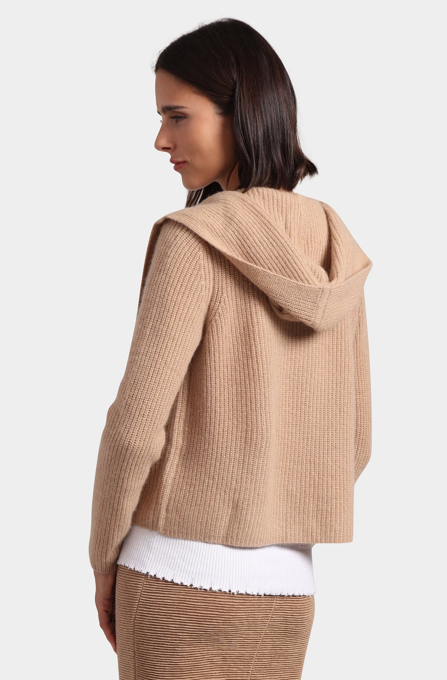 Cashmere 5 Gauge Shaker Hooded Flyaway Cardigan