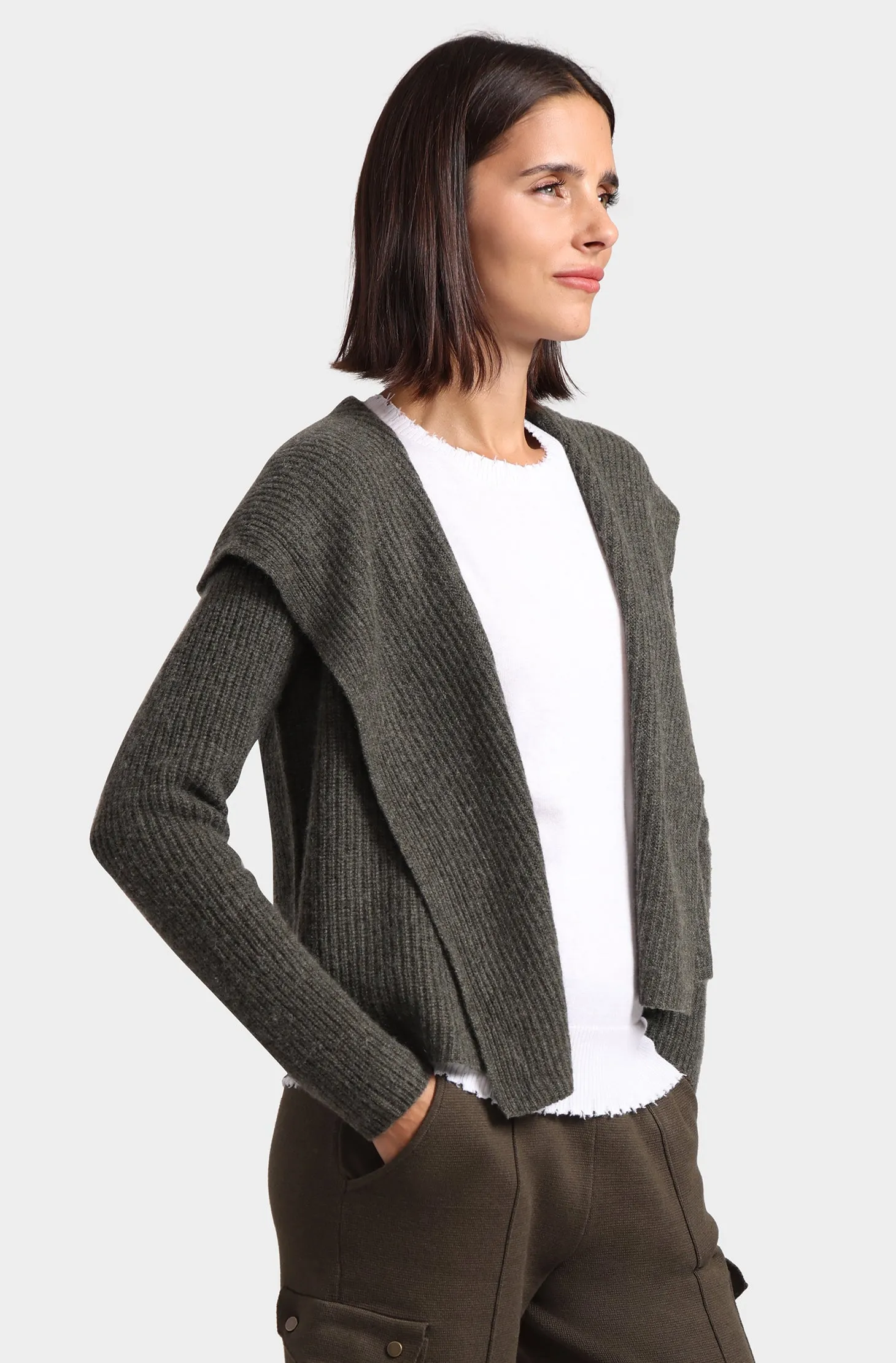 Cashmere 5 Gauge Shaker Hooded Flyaway Cardigan