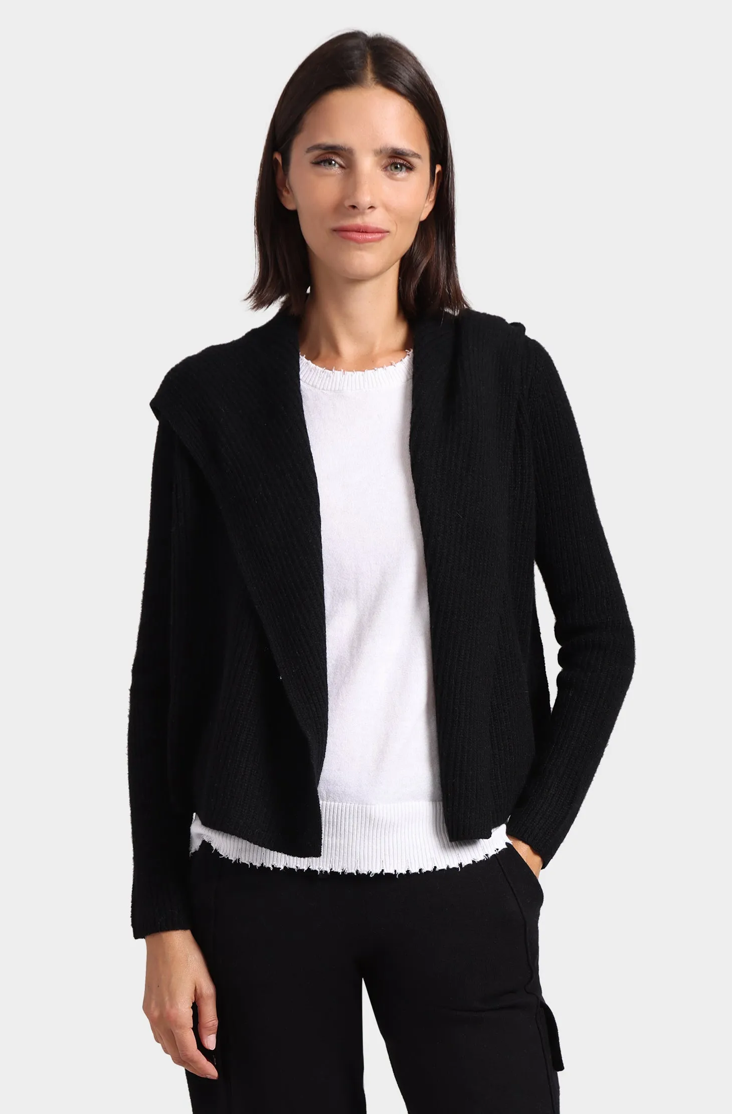 Cashmere 5 Gauge Shaker Hooded Flyaway Cardigan