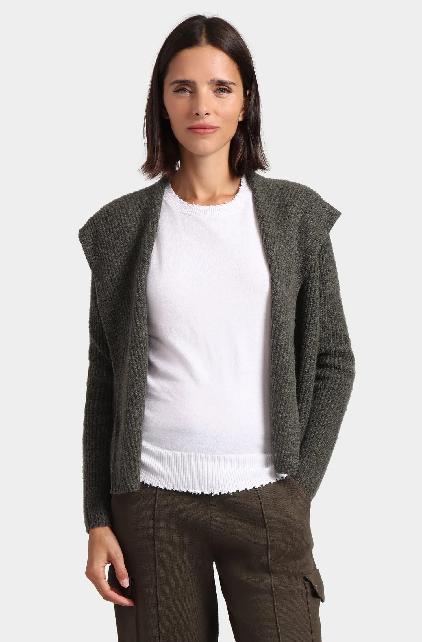 Cashmere 5 Gauge Shaker Hooded Flyaway Cardigan