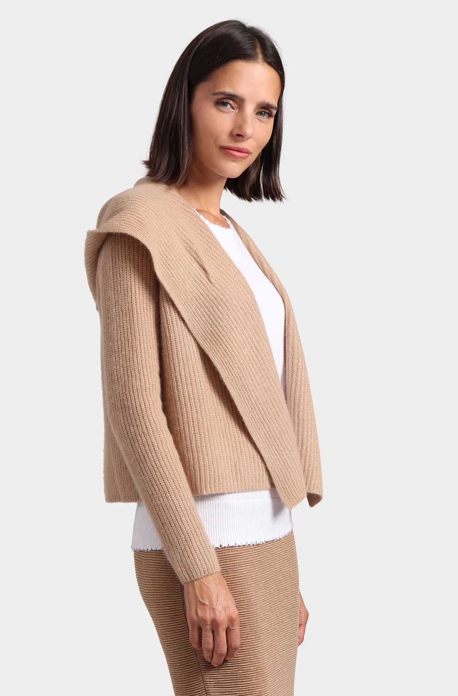 Cashmere 5 Gauge Shaker Hooded Flyaway Cardigan