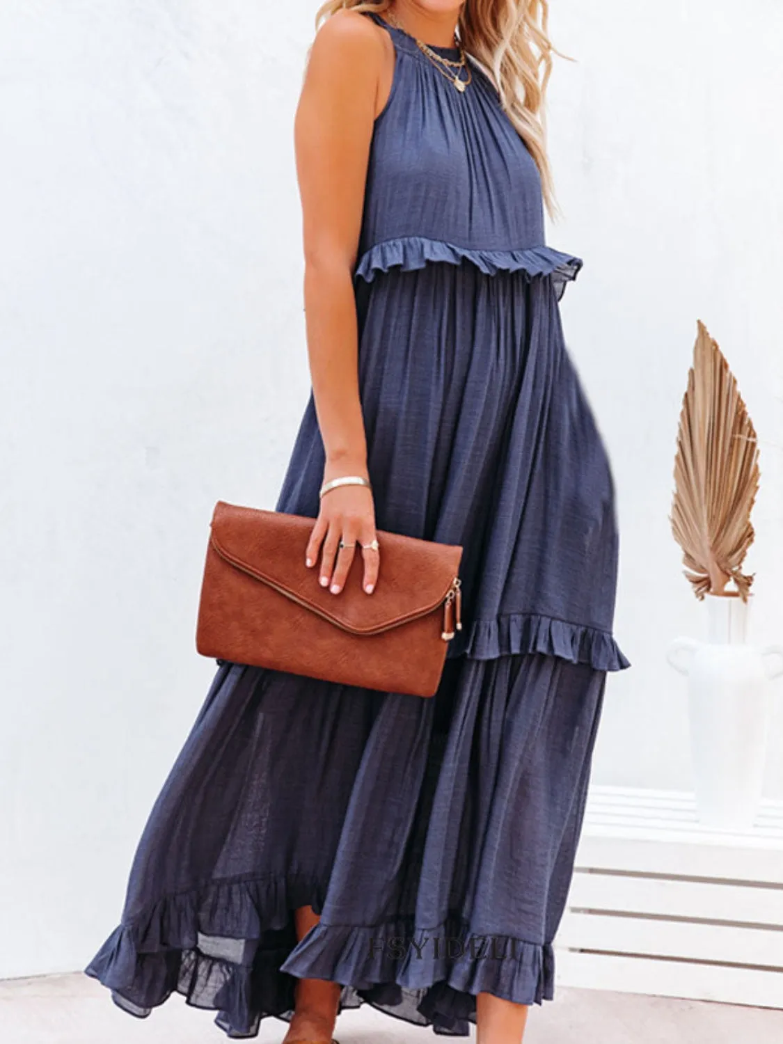 Casual Boho Ruffled Short Sleeveless Maxi Dress with Pockets New Women's Fashion Long Summer Dress