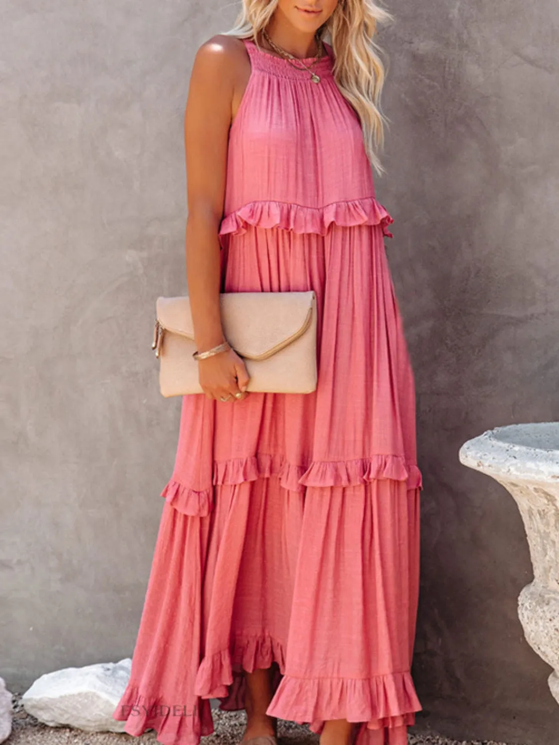 Casual Boho Ruffled Short Sleeveless Maxi Dress with Pockets New Women's Fashion Long Summer Dress