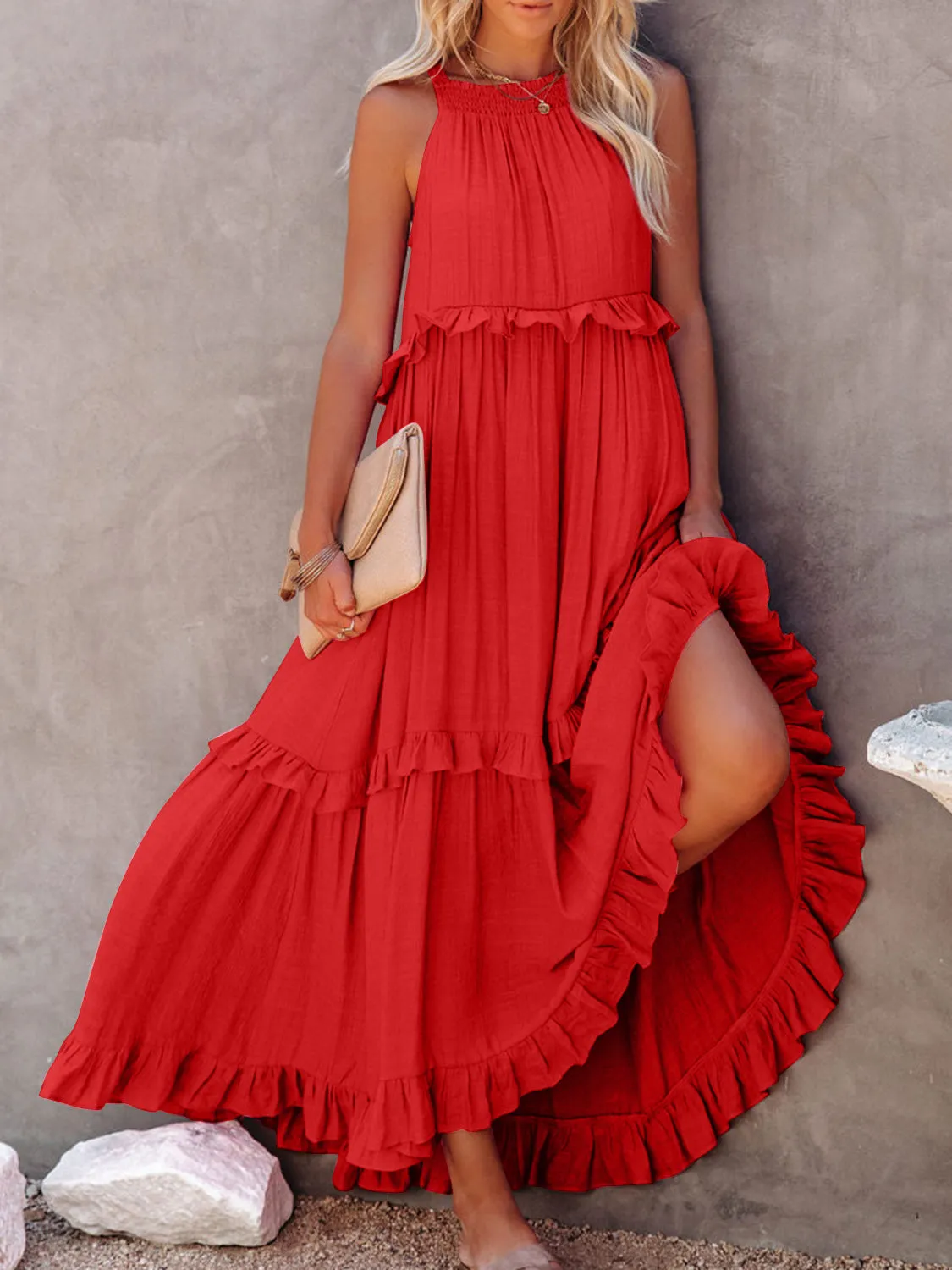 Casual Boho Ruffled Short Sleeveless Maxi Dress with Pockets New Women's Fashion Long Summer Dress