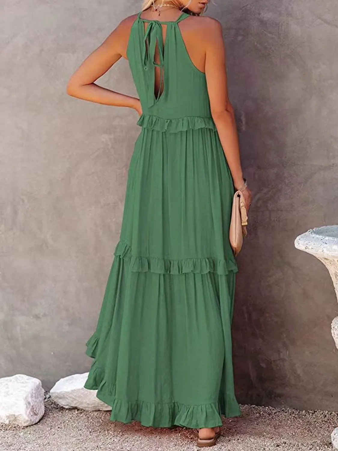 Casual Boho Ruffled Short Sleeveless Maxi Dress with Pockets New Women's Fashion Long Summer Dress