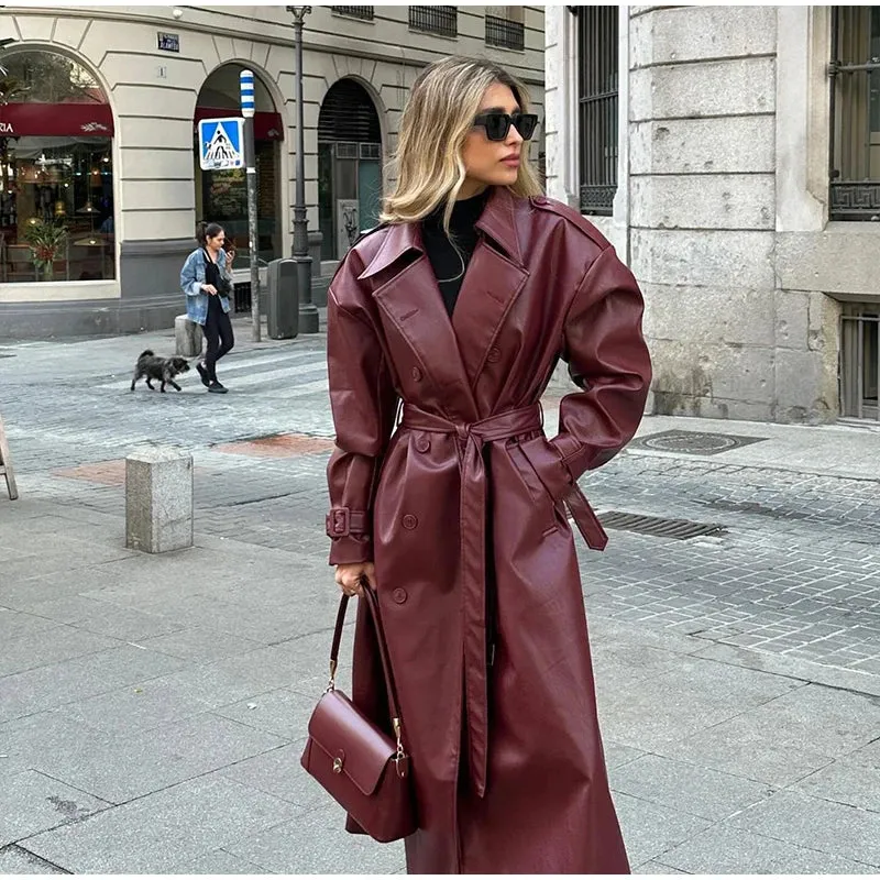 Chic large leather red burgundy trench coat long coat autumn coat