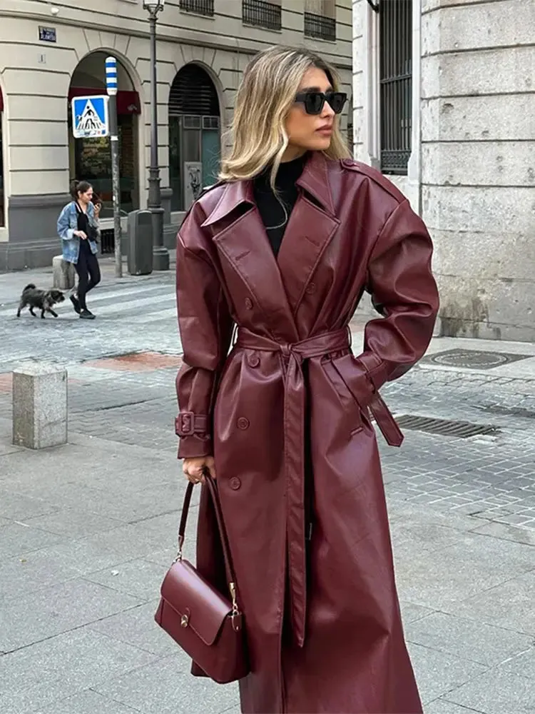 Chic large leather red burgundy trench coat long coat autumn coat