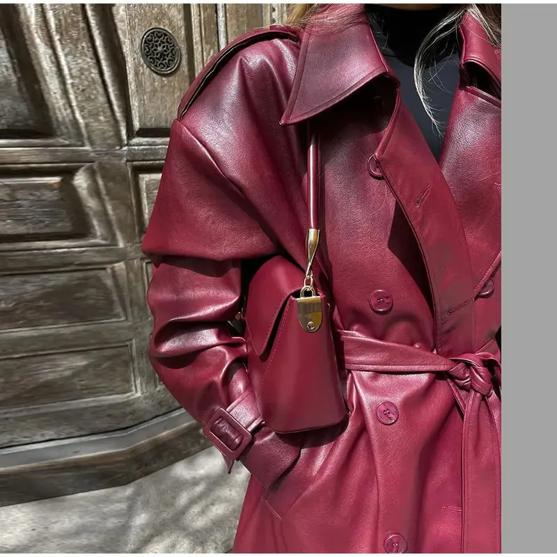 Chic large leather red burgundy trench coat long coat autumn coat