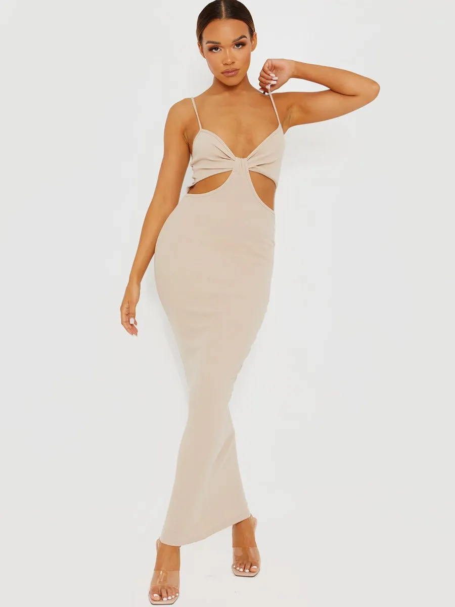 Corrine Cut Out Ribbed Cami Maxi Dress In Stone