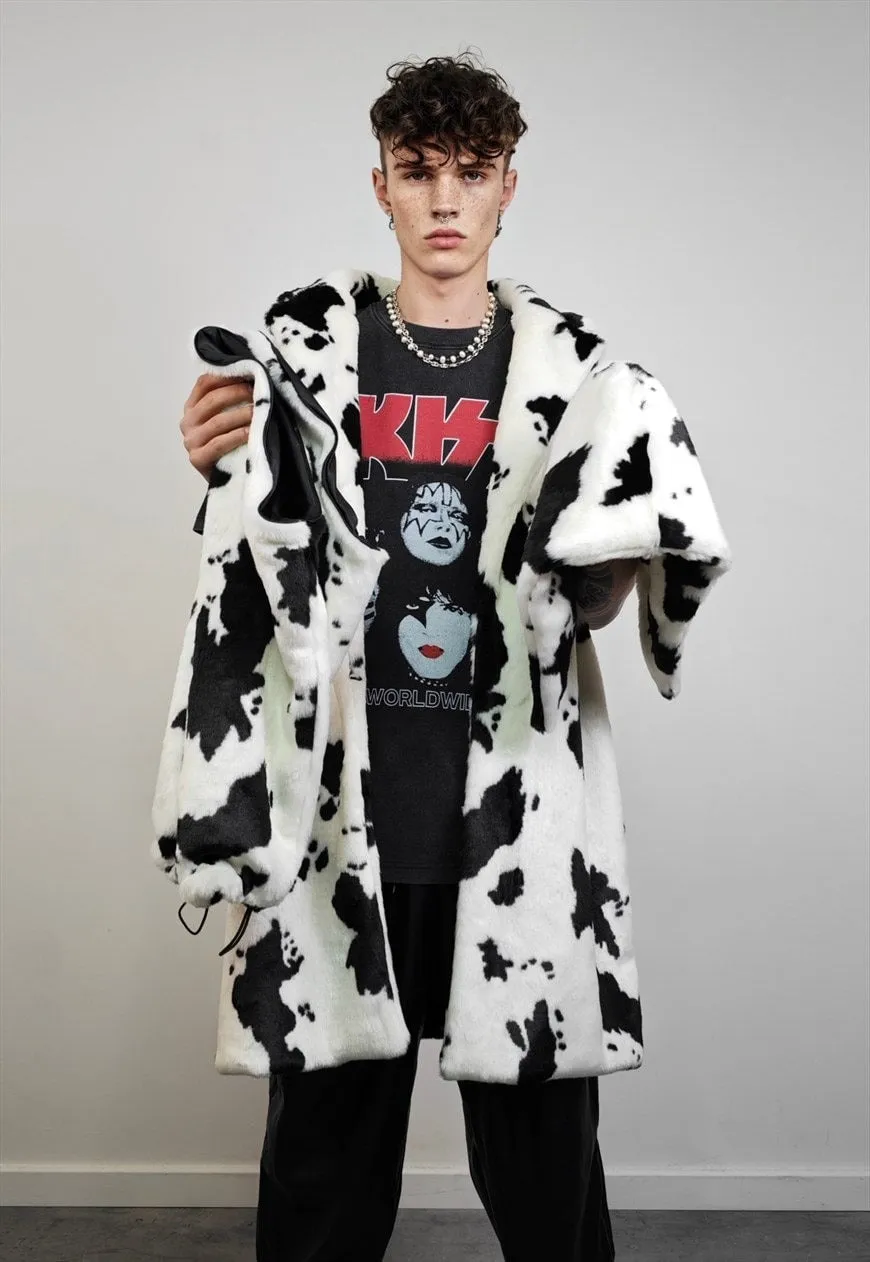 Cow print coat hooded faux fur spot pattern trench animal