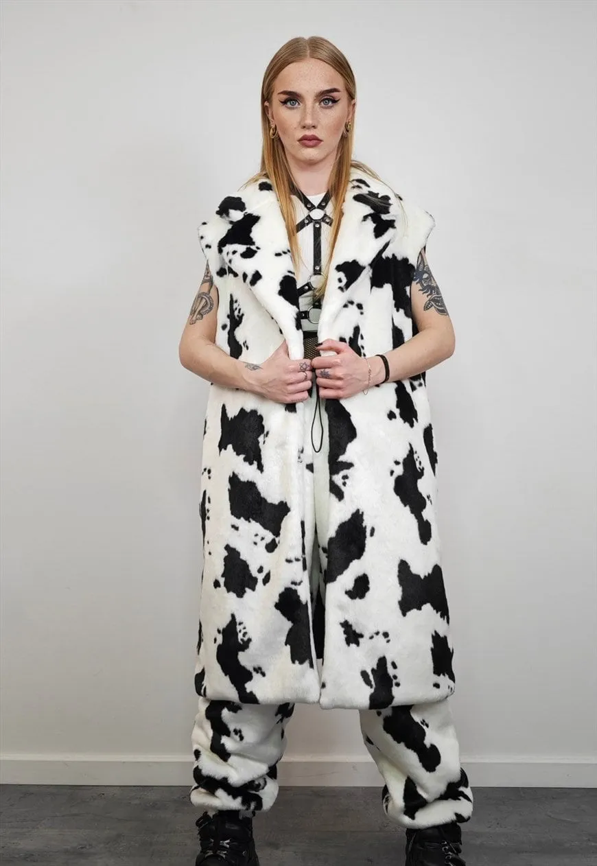 Cow print coat hooded faux fur spot pattern trench animal