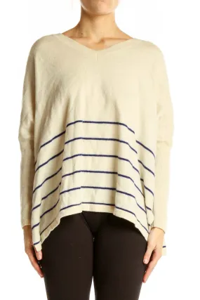 Cream Striped Cashmere V-Neck Sweater