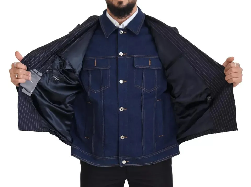 Dolce & Gabbana Blue Striped Double Breasted Denim Blazer