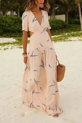 Dunnmall Vacation Print Hollowed Out V Neck A Line Maxi Dresses