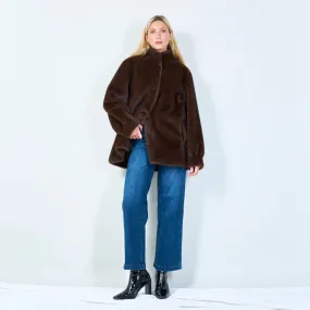 Elegant faux fur button-up coat wholesale