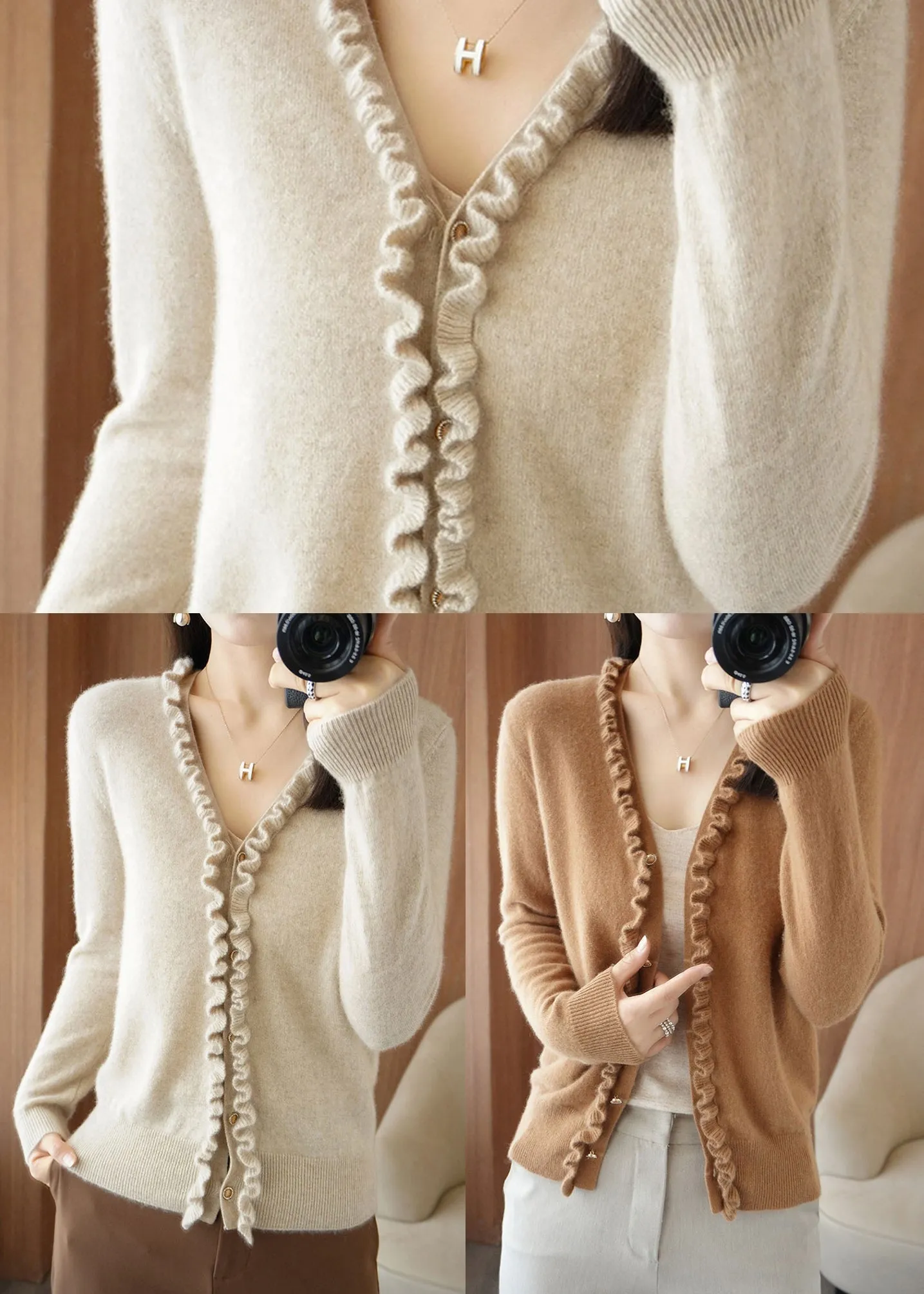 Fashion Yellow Camel Colour V Neck Thick Cashmere Knit Cardigans Long Sleeve