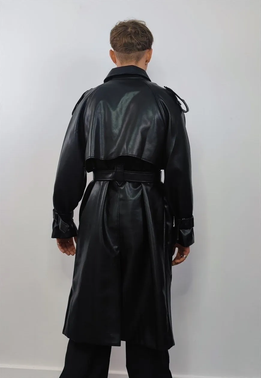 Faux leather trench coat double breasted going out jacket