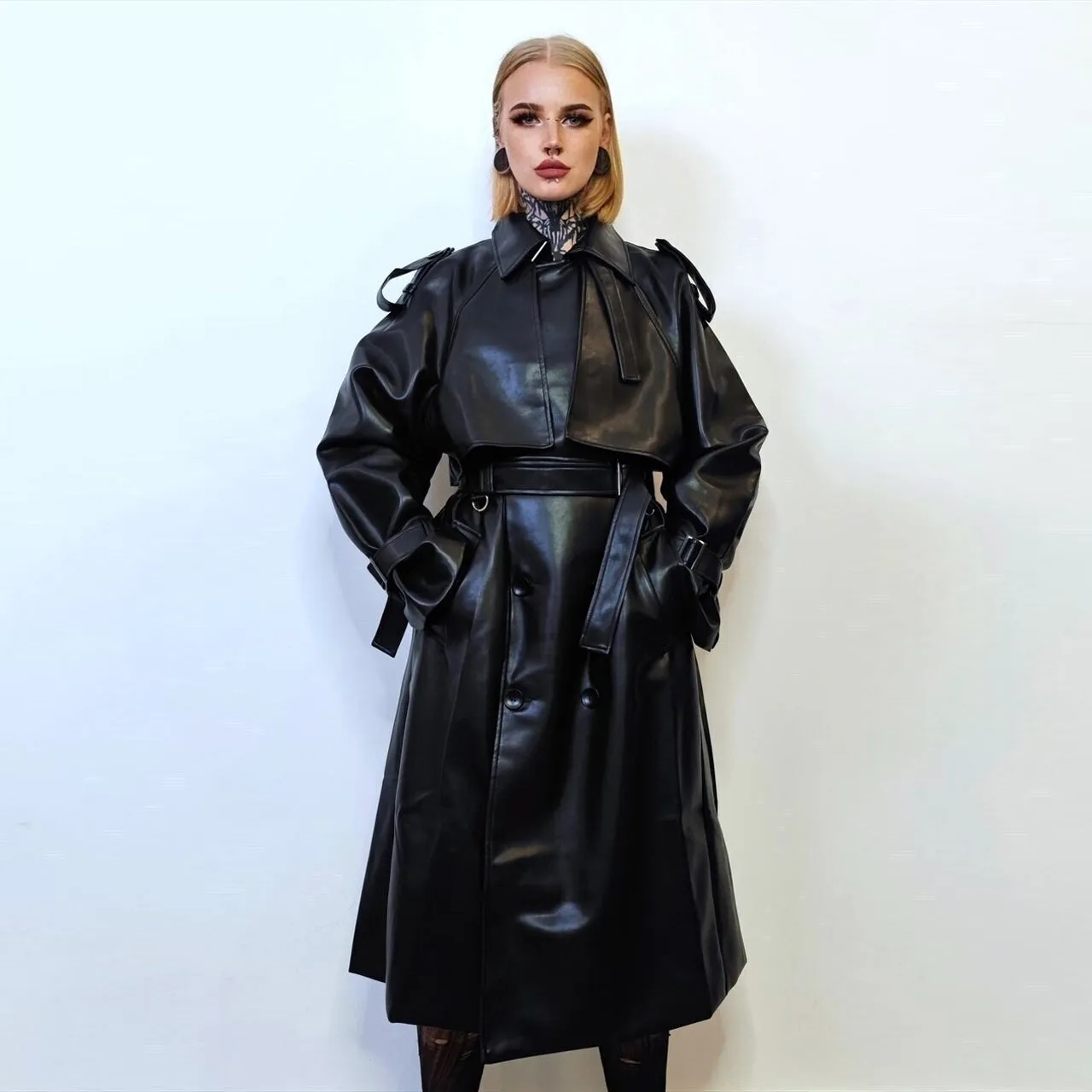 Faux leather trench coat double breasted going out jacket