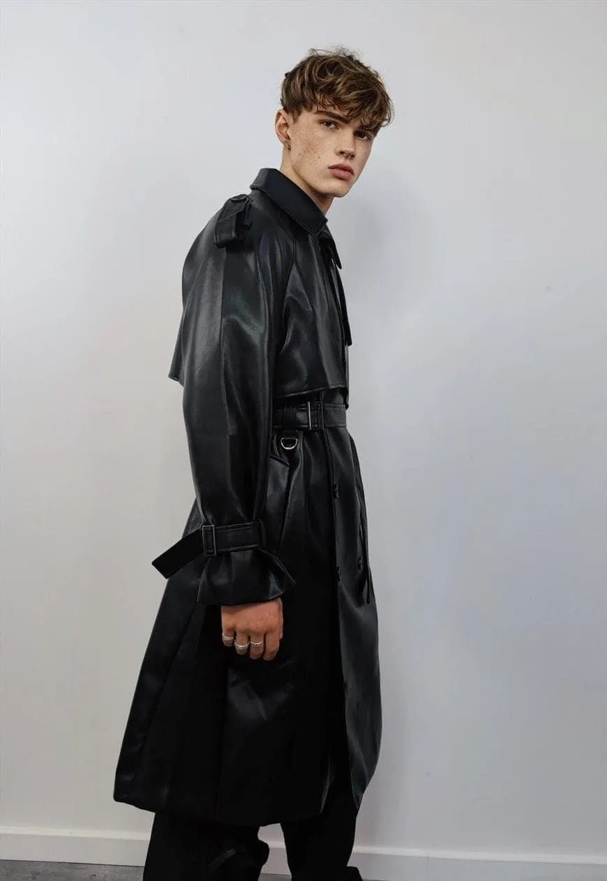 Faux leather trench coat double breasted going out jacket