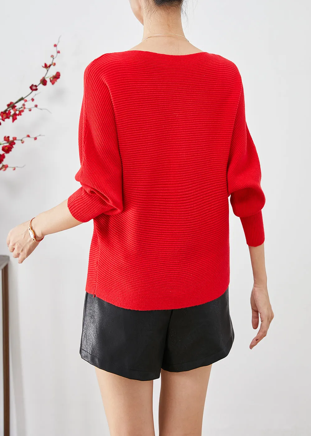 Fine Red Slash Neck Oversized Knit Sweater Tops Batwing Sleeve LY9330