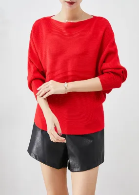 Fine Red Slash Neck Oversized Knit Sweater Tops Batwing Sleeve LY9330