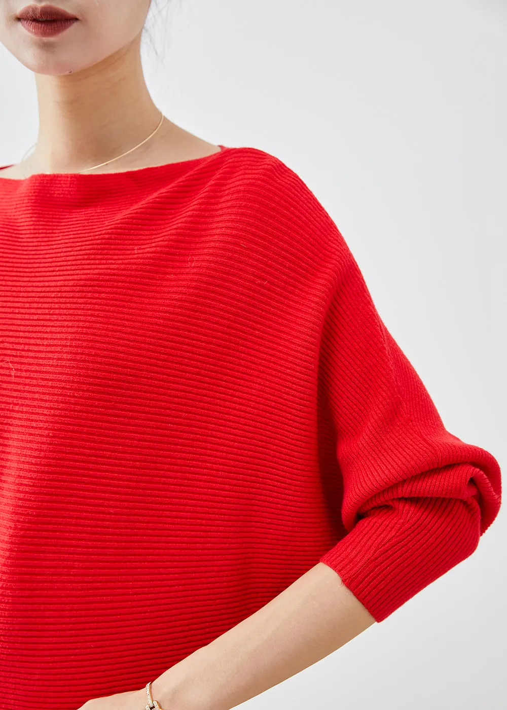 Fine Red Slash Neck Oversized Knit Sweater Tops Batwing Sleeve LY9330