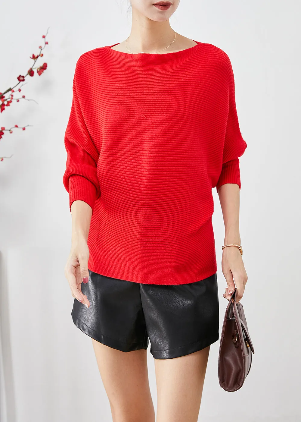 Fine Red Slash Neck Oversized Knit Sweater Tops Batwing Sleeve LY9330