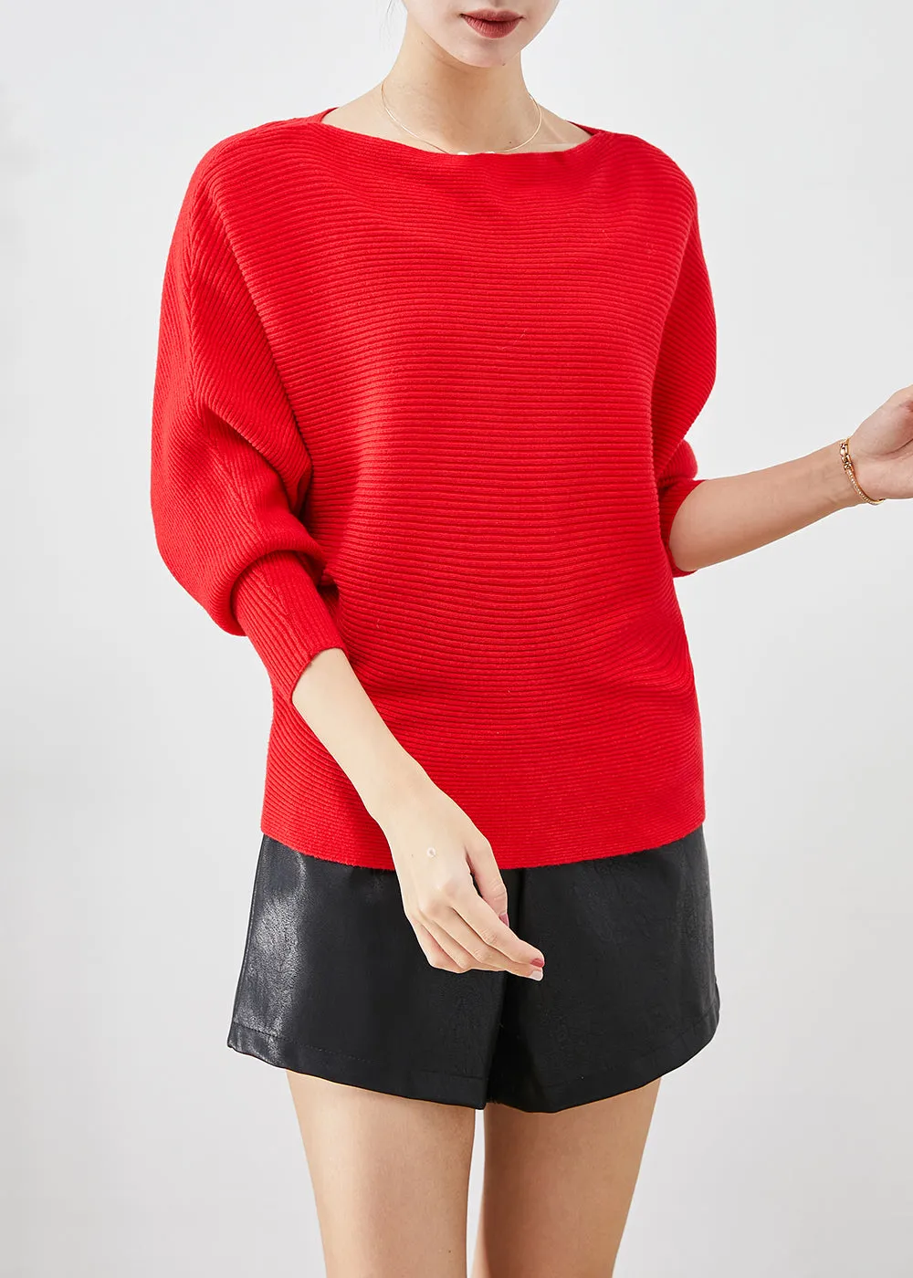 Fine Red Slash Neck Oversized Knit Sweater Tops Batwing Sleeve LY9330