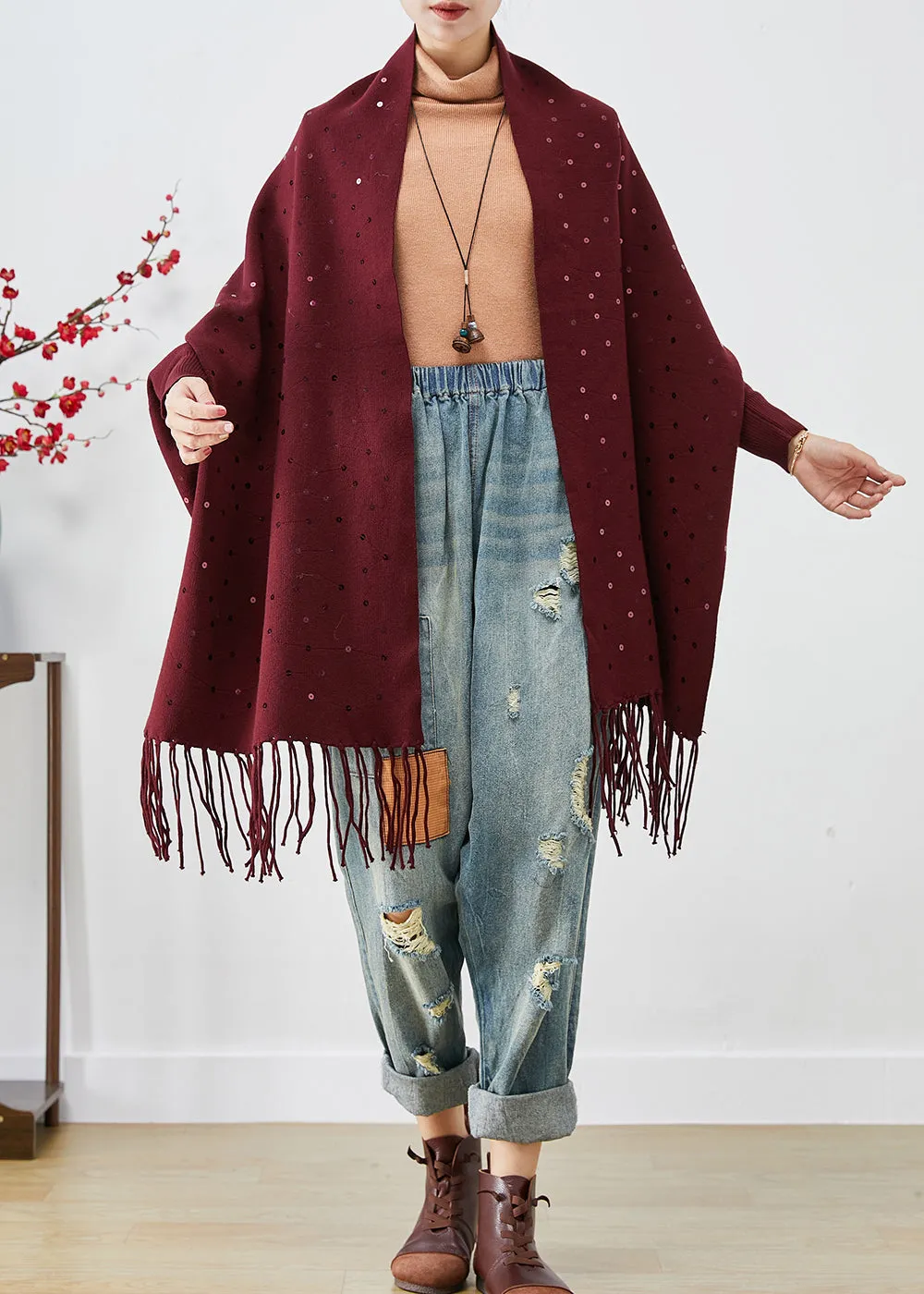 French Mulberry Tasseled Sequins Cashmere Cardigans Fall LY9229