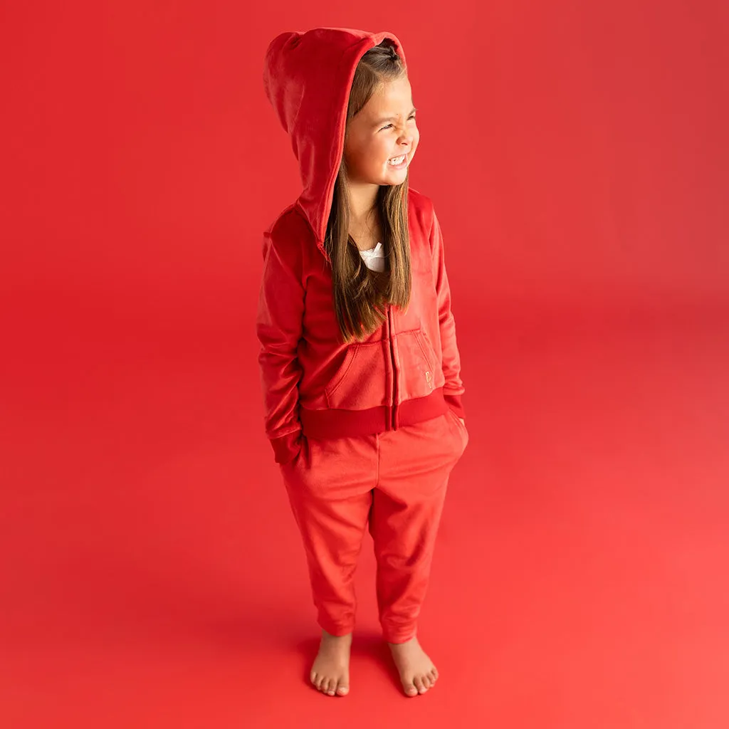 Garnet Red Velour Zip Hoodie