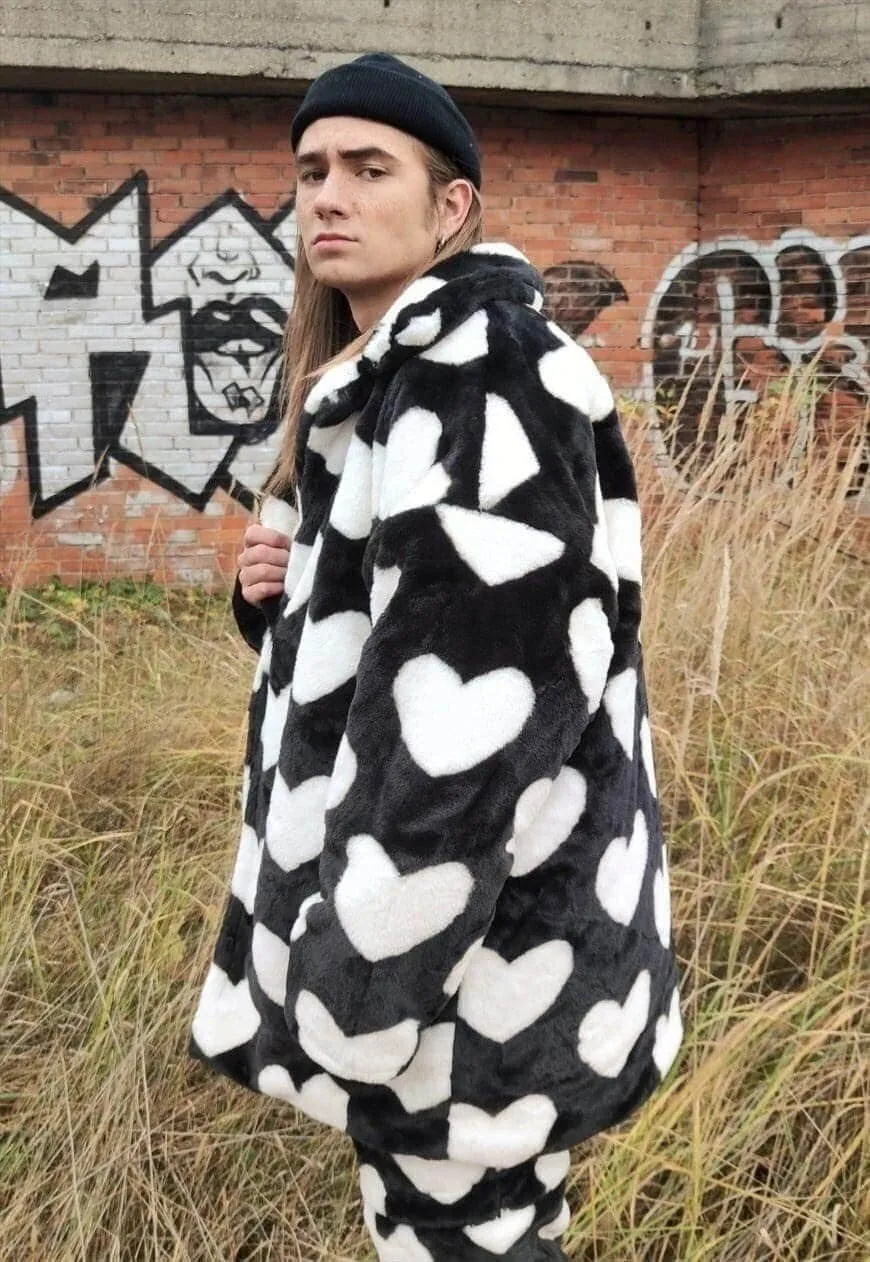 Heart fleece coat handmade faux fur love emoji trench coat