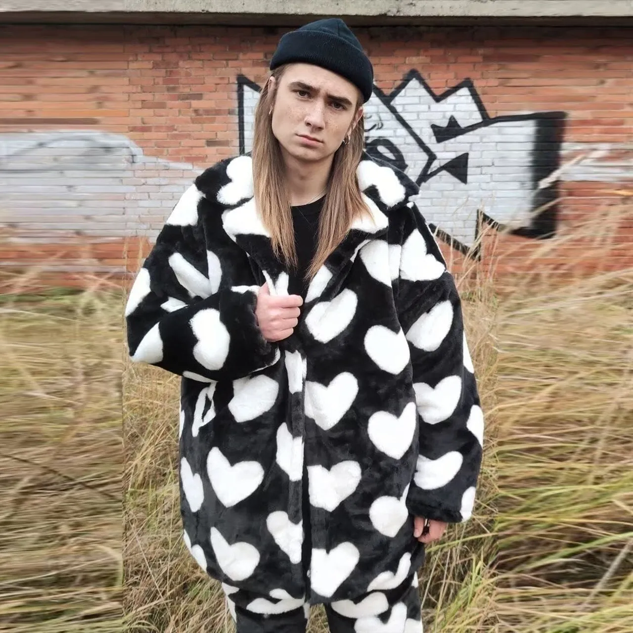 Heart fleece coat handmade faux fur love emoji trench coat