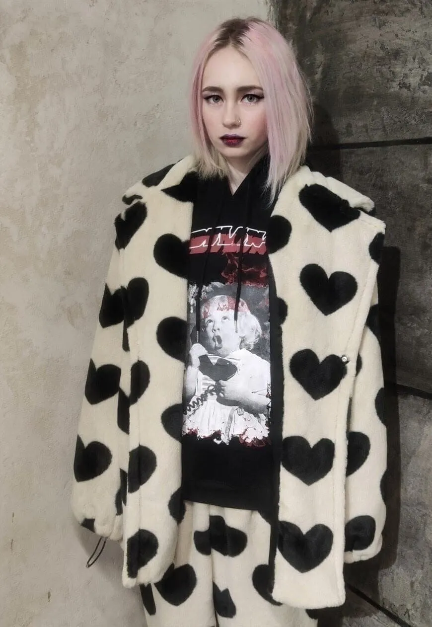 Heart fleece jacket handmade fauxfur heart trench coat cream