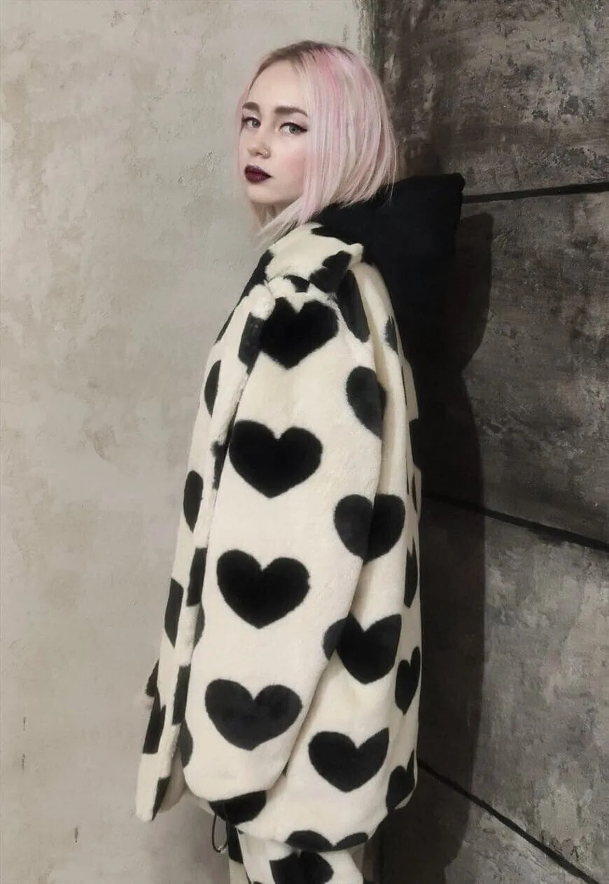 Heart fleece jacket handmade fauxfur heart trench coat cream