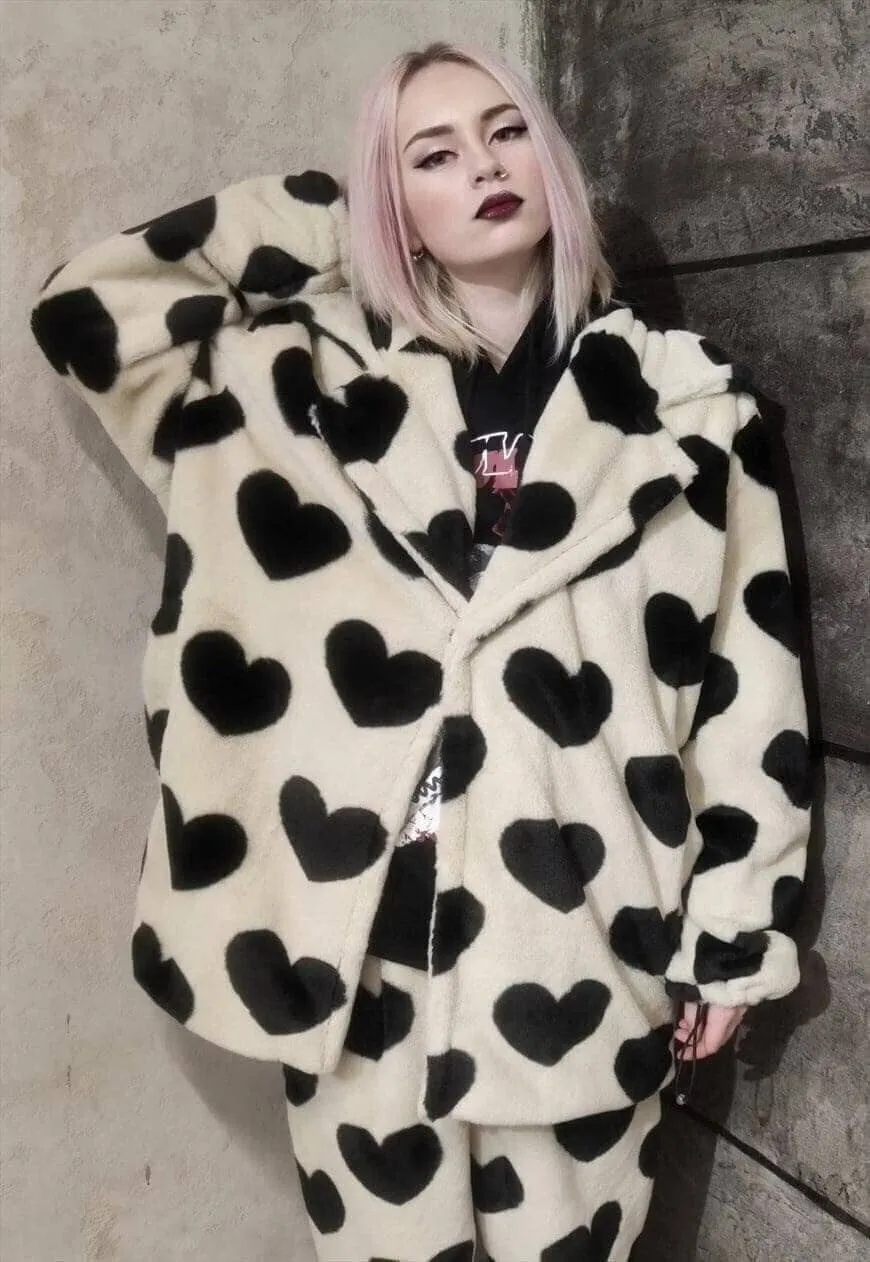 Heart fleece jacket handmade fauxfur heart trench coat cream