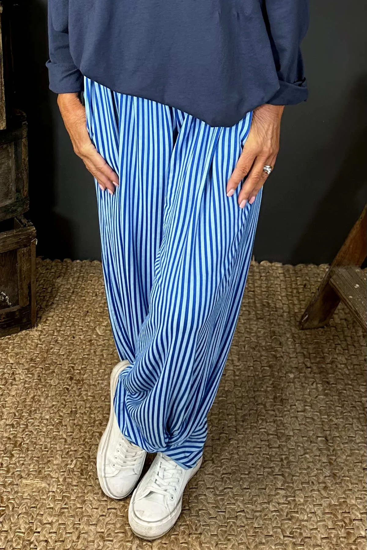 Jacinda Stripe Cotton Trousers Blue