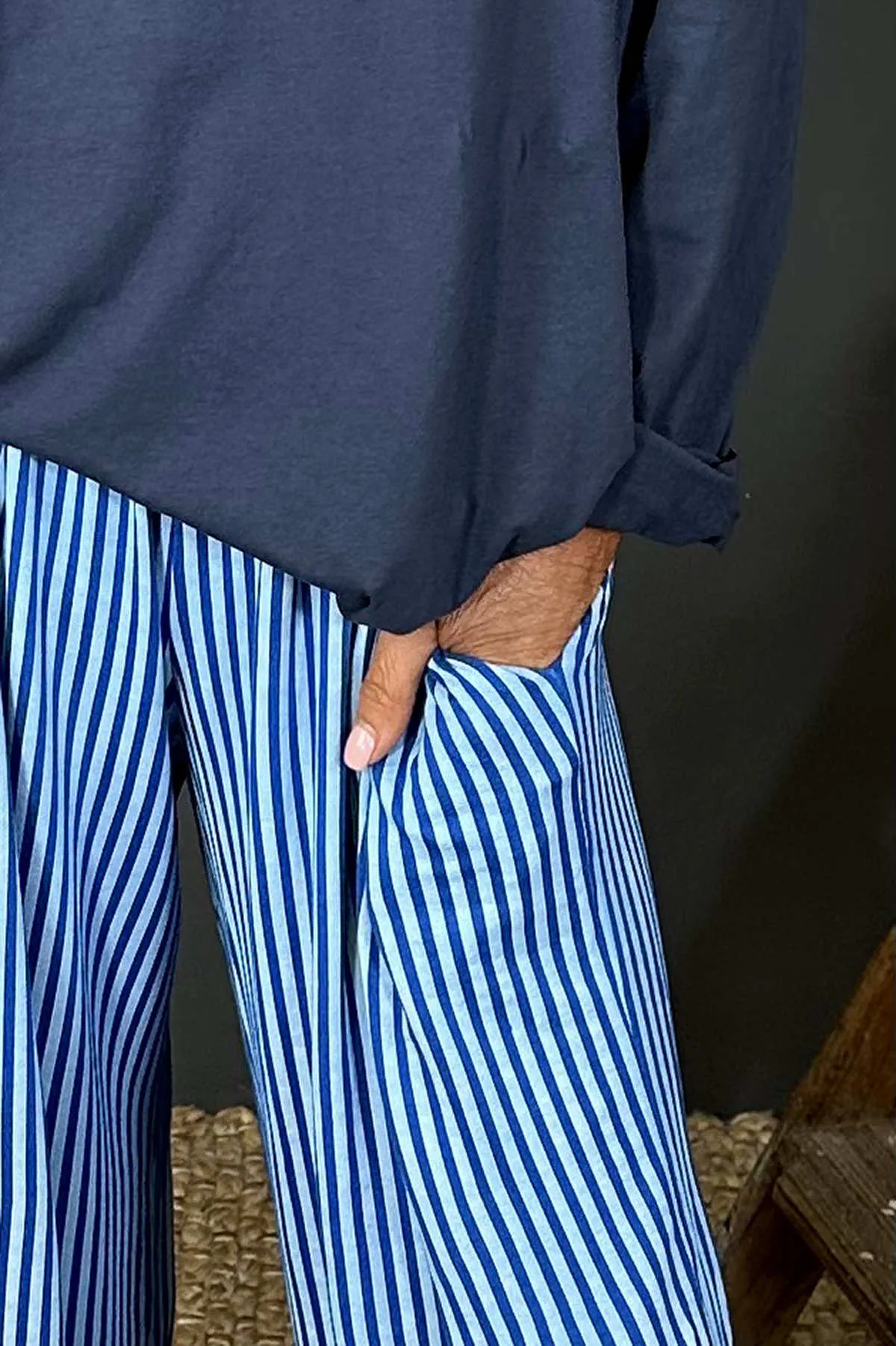 Jacinda Stripe Cotton Trousers Blue