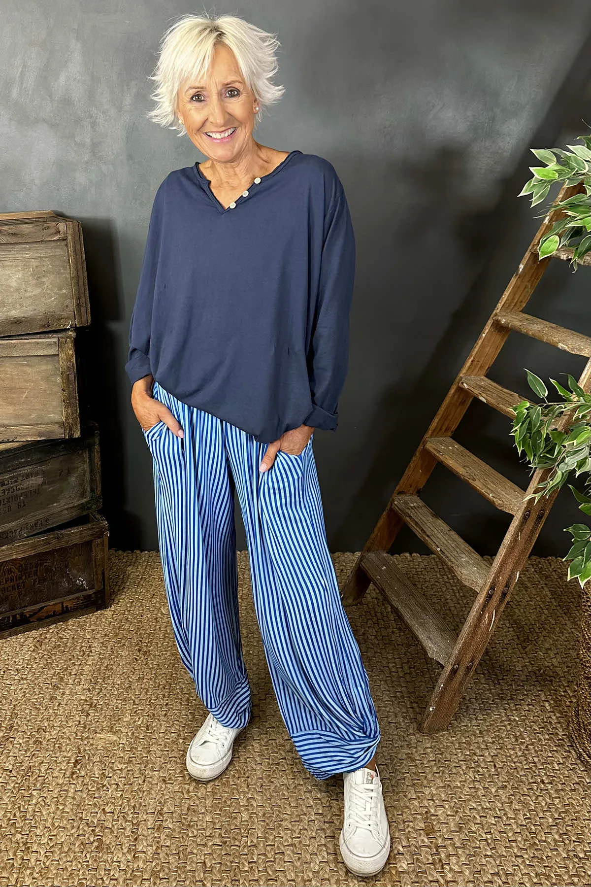 Jacinda Stripe Cotton Trousers Blue