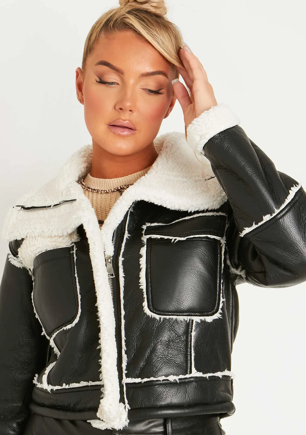 Jenna Black Faux Leather Contrast Fur Stitch Aviator Jacket