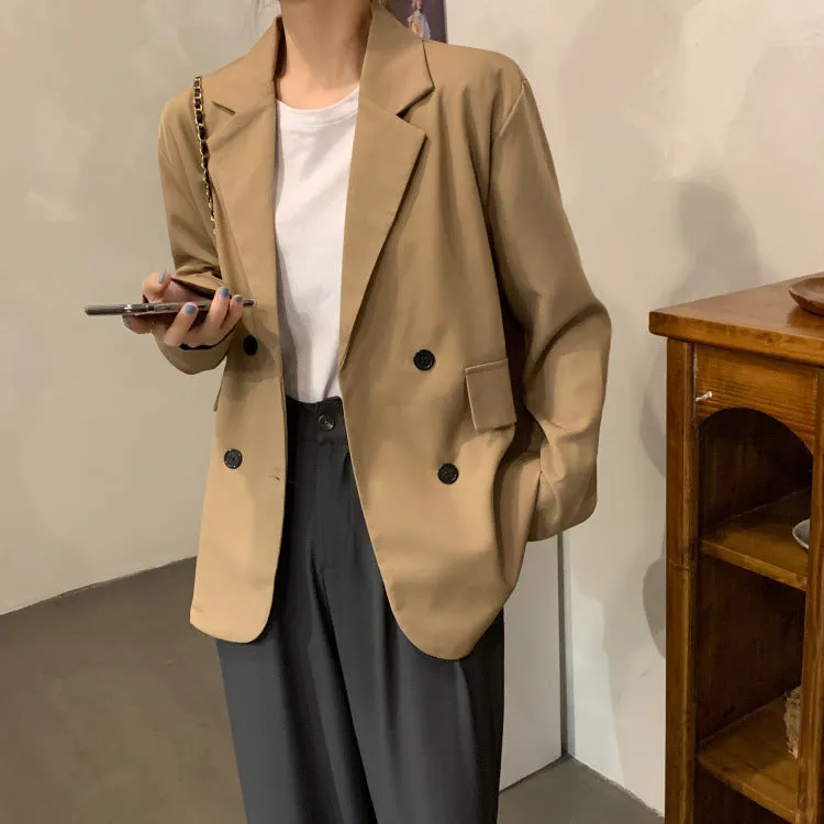 Korean Thin Drape Loose Mid-Length Khaki Popular Long Sleeved Blazer Women Suits Outerwear