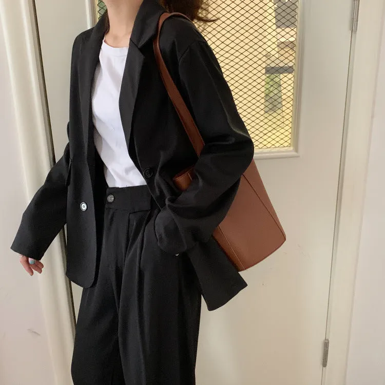 Korean Thin Drape Loose Mid-Length Khaki Popular Long Sleeved Blazer Women Suits Outerwear